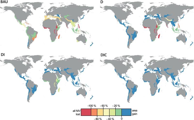 Verlust von intakten Naturflächen (rNIV) unter verschiedenen Szenarien bis 2050: BAU – „Business as usual“, D – gesunde Ernährung, DI – gesunde Ernährung plus Düngung u. Bewässerung, DIC – gesunde Ernährung, Düngung, Bewässerung, Wechsel von Feldfrüchten