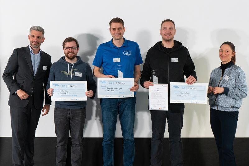 v.l.n.r.: Dr. Alexander Schellong, infodas; Nils Vossebein, DeepSign; Dr. Kevin Füchsel, Quantum Optics Jena; Lukas Baumann, LocateRisk; Carlina Bennison, StartUpSecure I ATHENE