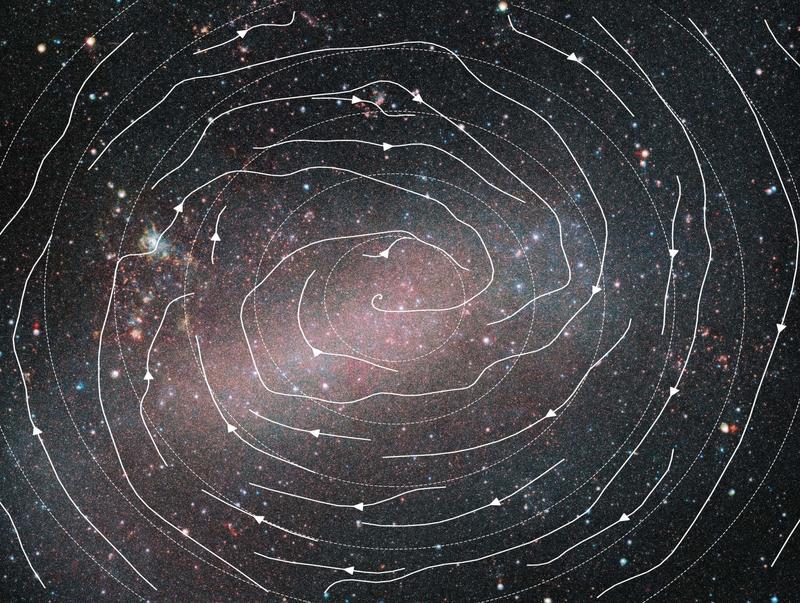 Die beobachteten Bahnen von Sternen im Zentrum der Großen Magellanschen Wolke. Die Sterne in der zentralen Region, entlang des Balkens, folgen länglichen Bahnen, die von einer Kreisform (gestrichelte Konturen) abweichen.
