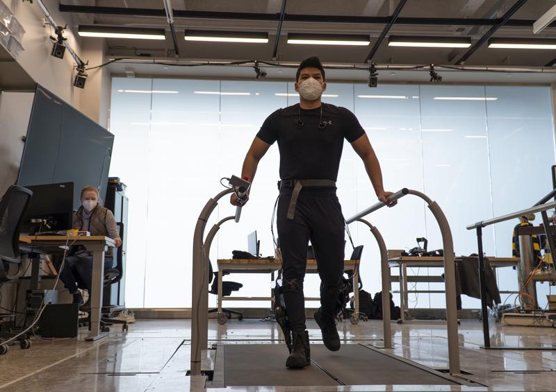 Testing an ankle exoskeleton in the Neurobionics Lab at the University of Michigan. 