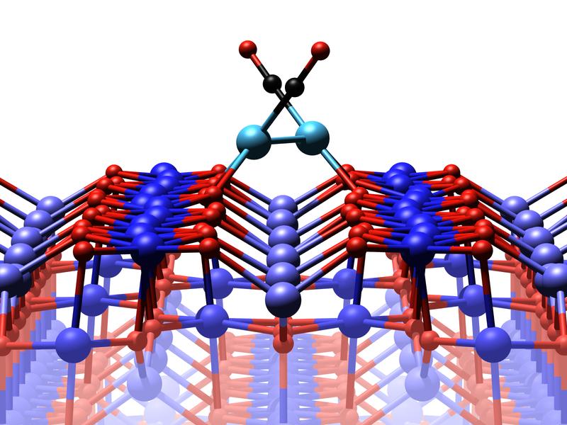 Die Eisenoxid-Oberfläche mit zwei Platin-Atomen, an denen Kohlenmonoxid-Moleküle andocken.