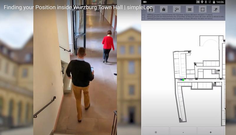 Klaus Walther erkundet mit der Navigationssoftware simpleLoc Wege im verwinkelten Würzburger Rathaus. Rechts ist das Areal zu sehen, durch das sich der Mitarbeiter bewegt. 