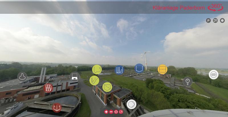 Virtuelle Übersicht über die Kläranlage des Projektpartners Stadtentwässerungsbetrieb Paderborn (STEB). Die Studierenden können sich vom heimischen Rechner aus frei über das Gelände bewegen.