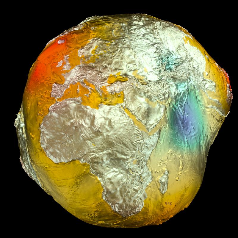Geoid, auch "Potsdamer Schwerekartoffel". Er zeigt, stark überhöht, die Verteilung der Erdmassen und damit das räumlich ungleichförmige Schwerefeld der Erde (Datengrundlage in der PM genauer beschrieben).