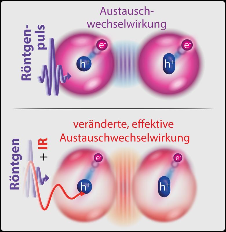 Austauschwechselwirkung zwischen dem durch Röntgenlicht angeregten Elektron (e-) und dem zurückgelassenen Loch im aufgespaltenen Energieniveau (h+ in Kreis bzw. Oval) ohne (oben) und mit (unten) Infrarot-Laserpuls, der das Elektron weiter anregt.