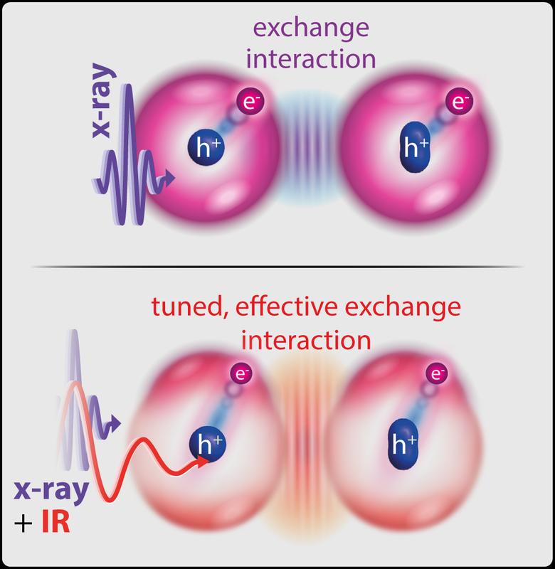 Exchange interaction between the electron (e-), excited by X-ray light, and the hole left behind in the spin-orbit-split energy level (h+ in circle or oval), without (top), and with (bottom), an infrared laser pulse that further drives the electron.