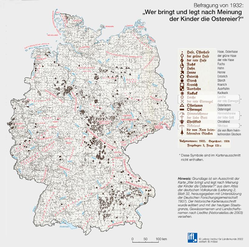 Ausschnitt der Karte "Wer bringt und legt nach Meinung der Kinder die Ostereier?" aus dem Atlas der deutschen Volkskunde von 1937 (vom IfL editiert)