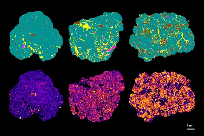 Röntgen-CT-Aufnahmen von Bodenproben, die sich in ihrem Feuchteregime unterscheiden (vlnr). Unten: Die organische Bodensubstanz wurde mit Osmium markiert, wodurch Unterschiede im Kohlenstoffgehalt sichtbar werden: von niedrig (blau) bis hoch (gelb).