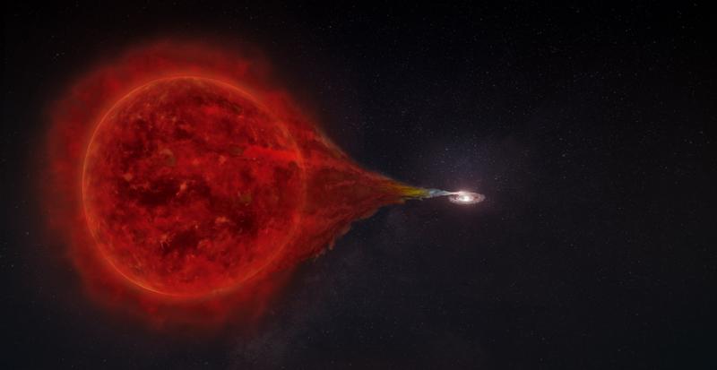 Künstlerische Darstellung des Transfers von Material von einem Roten Riesen zu einem Weißen Zwerg. So könnte auch RS Ophiuchi vor der Nova-Explosion ausgesehen haben.