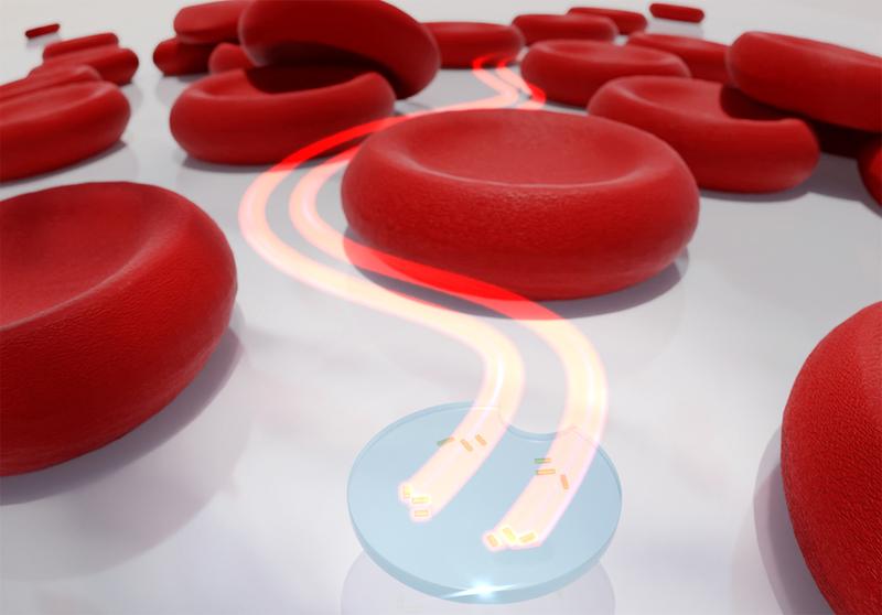 : Künstlerische Darstellung einer Mikrodrone mit zwei aktiven lichtgetriebenen Nanomotoren, die zwischen roten Blutkörperchen gesteuert wird.