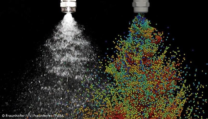 A spraying full-cone nozzle: left in the experiment, right in the simulation.