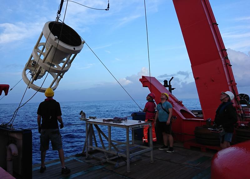 After a year underwater, the sediment trap is hoisted aboard the research vessel.