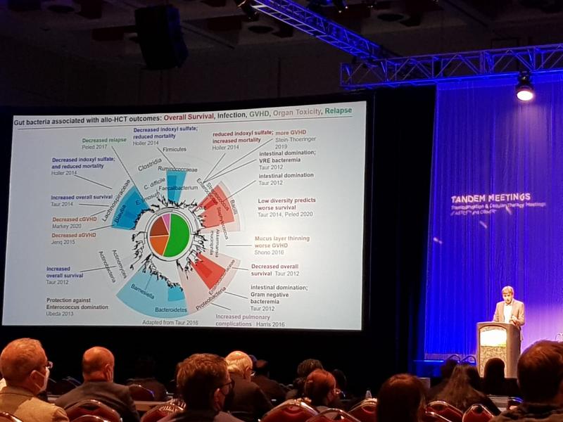 Prof. Marcel R.M. van den Brink beim E. Donnall Thomas-Vortrag über neueste Daten zur Rolle des Darmmikrobioms bei Patient:innen, die sich einer allogenen Blutstammzelltransplantation oder einer CD19-gerichteten CAR-T-Zelltherapie unterzogen haben.