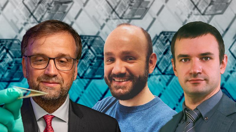 Prof. Dr. Oliver G. Schmidt (l.), Christian Becker (M.) and Dr. Daniil Karnaushenko (r.) present an entirley new approach to miniaturize ultra-compact and highly integrated sensor units for e-skin applications.