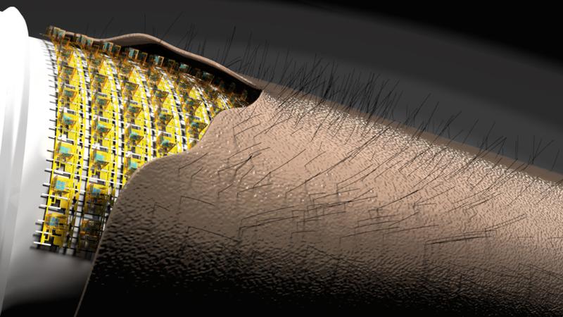 Artificial electronic skin (e-skin): Highly integrated flexible microelectronic 3D sensorics perceive movement of fine hairs on artificial skin.
