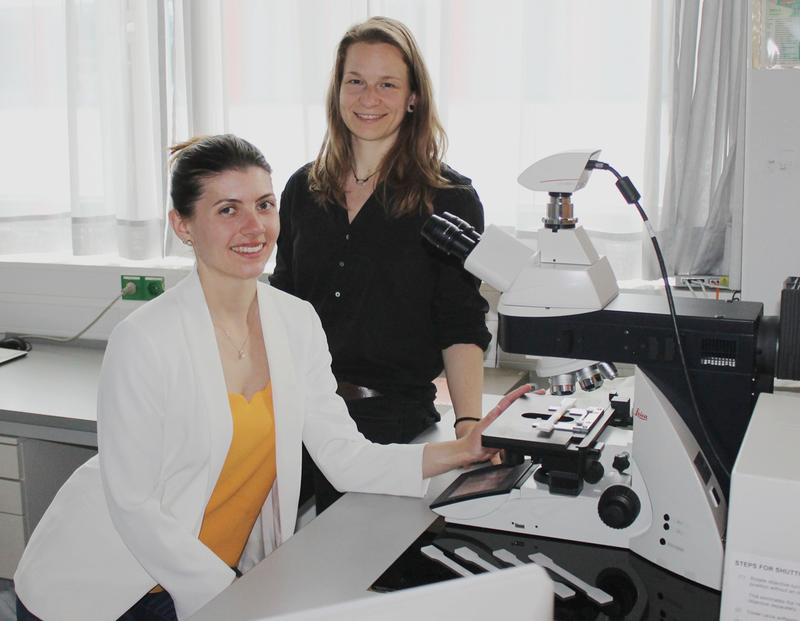Die Bayreuther Doktorandinnen und Erstautorinnen Teresa Menzel (Polymere Werkstoffe) und Nora Meides (Makromolekulare Chemie) an einem Mikroskop, das bei der Analyse des Polyethylen-Abbaus zum Einsatz kam.