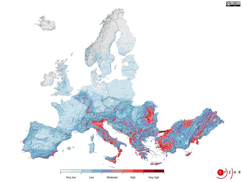 Europäische Erdbebenrisikokarte. Das Erdbebenrisiko ist ein probabilistisches Maß für künftige wirtschaftliche Verluste und Unfälle aufgrund seismischer Erschütterungen. 