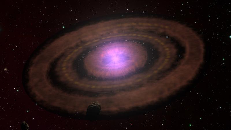 Diese künstlerische Darstellung veranschaulicht, wie planetenbildende Scheiben um junge Sterne oft aussehen. Sie bestehen zunächst aus Staub und Gas, die sich zu Ringen aus dichtem Material verdichten.