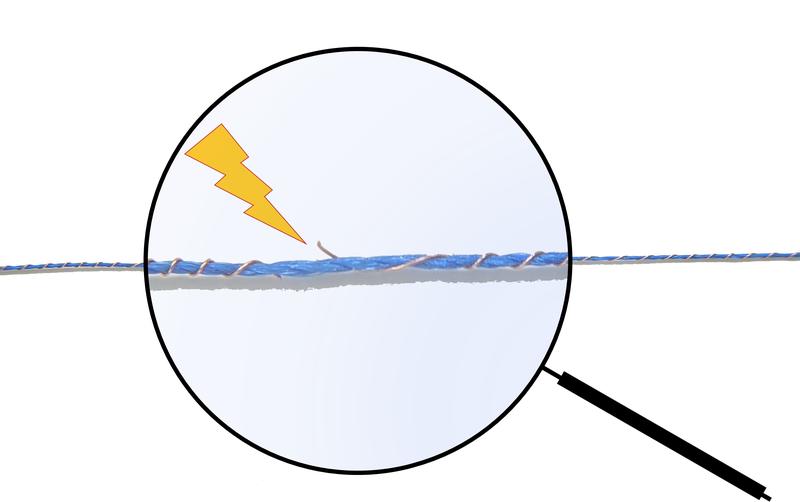 Damaged conductive component of a yarn.