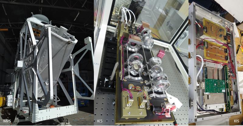 Links: Sunrise-Teleskop (Bild: MPS/A.Gandorfer). Mitte: Der von KIS entwickelte und hergestellte Sunrise Correlating-Wavefront-Sensor bei Tests im Labor. Rechts: Die neue leitungsgekühlte Elektronik mit geöffneter Abdeckung (Bild KIS).