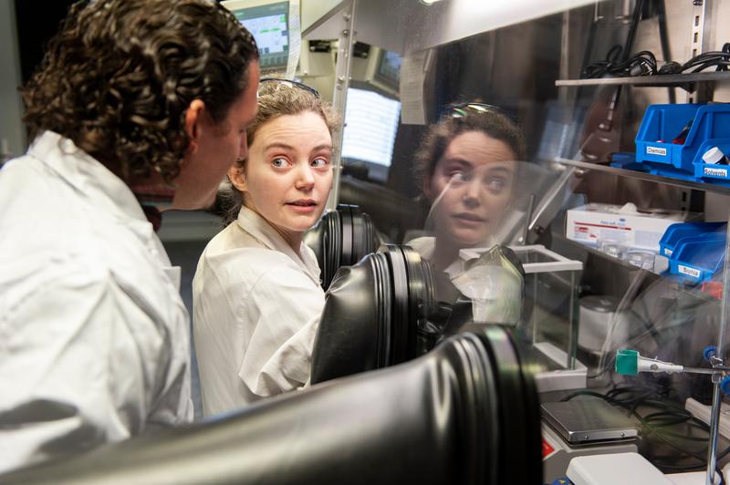 Prof. Rubén D. Costa and his student Ginnevra Giobbio work on the glove-box at the lighting system.