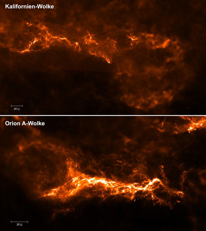2D-Bilder der Staubverteilung in den Kalifornien- (oben) und der Orion A-Wolken (unten) in Falschfarben.