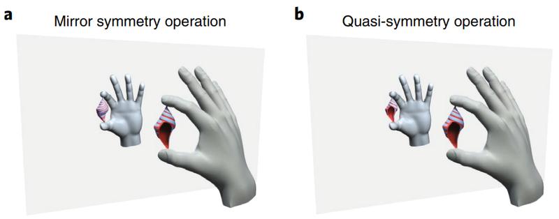 Comparison between a mirror symmetry and quasi-symmetry operation. A mirror symmetry operation consistently acts on the whole object. In contrast, the quasi-symmetry operation acts differently on different parts of the system.