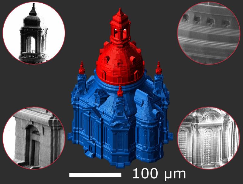 Model of the Frauenkirche Dresden with microscope images of printed details.
