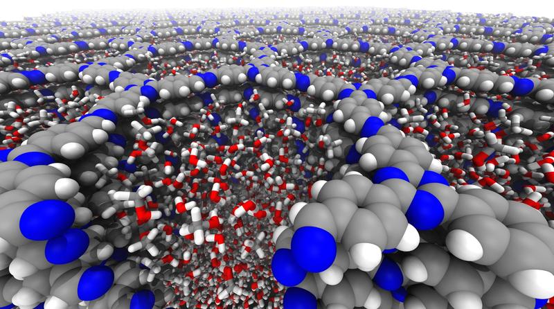 Molekulardynamische Simulation eines kovalenten, organischen Netzwerks (COF). COFs sind eine von vier Materialklassen, die in der zweiten Förderperiode weiterentwickelt werden, um Poreneffekte in der Katalyse zu untersuchen. 
