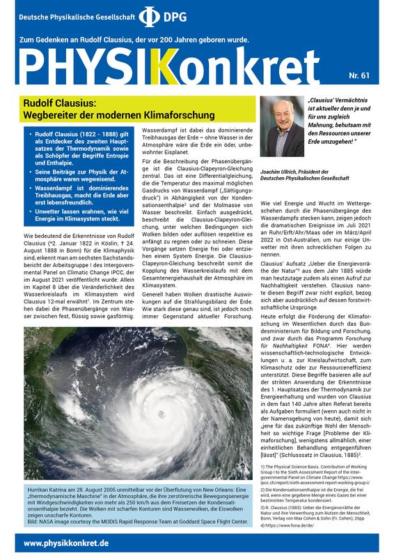 Ein Physikkonkret der Deutschen Physikalischen Gesellschaft (DPG) würdigt die Beiträge von Rudolf Clausius als Wegbereiter der modernen Klimaforschung anlässlich seines 200. Geburtstages.