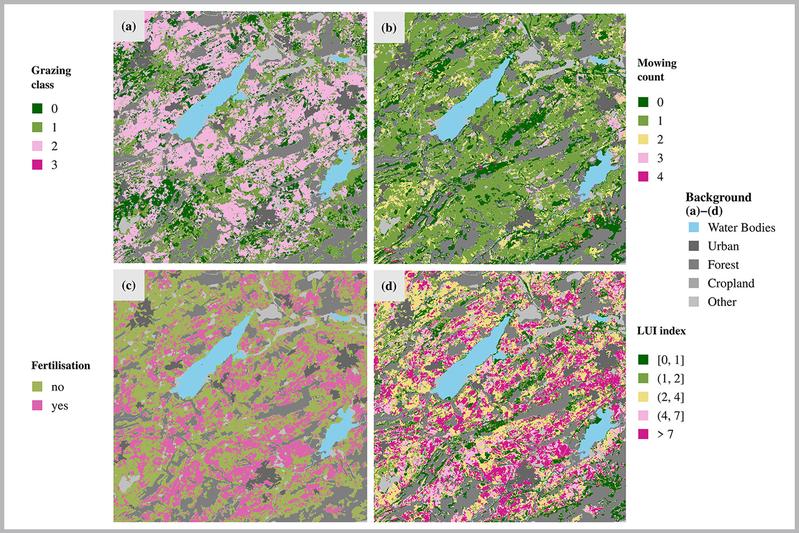 Die Karten a bis d zeigen das aus Satellitendaten abgeleitete Ausmaß einzelner Managementarten in Grünland und der daraus resultierenden Landnutzungsintensität im Landkreis Oberallgäu (Bayern) im Jahr 2018 auf einer 10km×10km großen Fläche. 