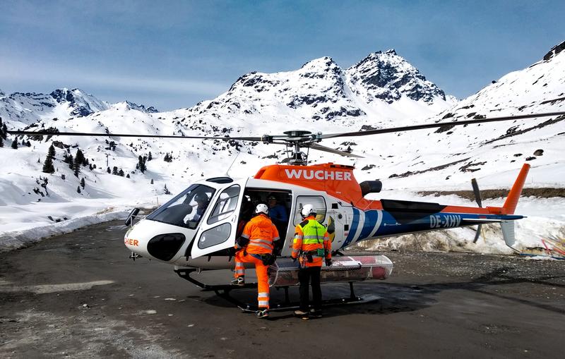 With the equipment safely loaded, the helicopter is ready to take off for Gepatschferner Glacier