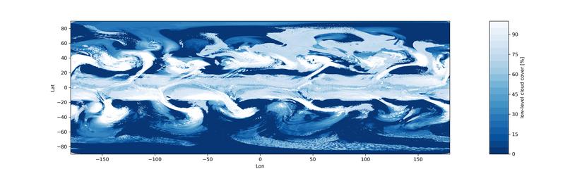 Momentaufnahme der Wolkenbedeckung in der untersten Schicht der Atmosphäre in einem angenommenen Wassergürtel-Klimazustand. Die Farbskala reicht von „keine Wolkenbedeckung“ (dunkelblau) bis „vollständig bedeckt“ (weiß). (Grafik: IMK-TRO)