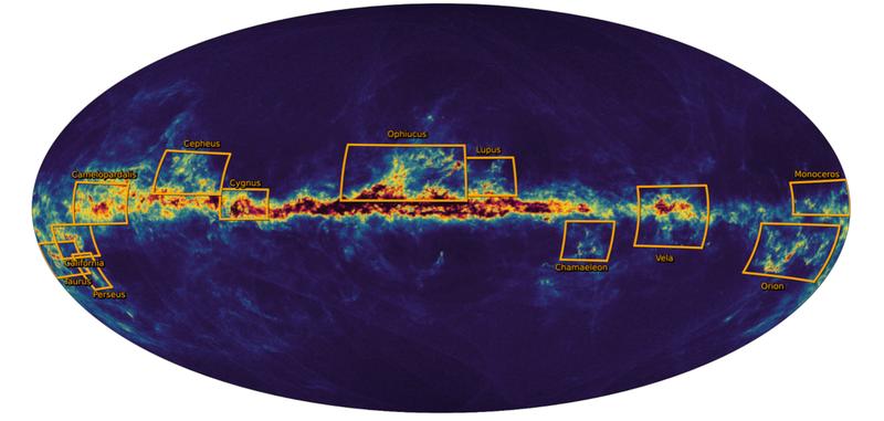 Karte der Abschwächung des Lichts in der Milchstraße durch interstellaren Staub, die aus den jetzt veröffentlichten Gaia-DR3-Daten rekonstruiert wurde.