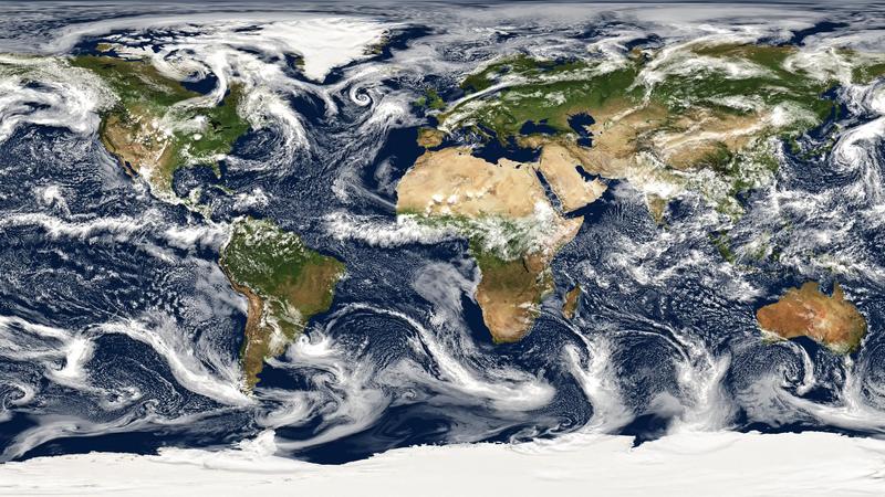 Visualisierung einer hochauflösenden globalen Simulation mit dem Modell ICON, die veranschaulicht, wie kleinskalige Prozesse explizit auf globaler Skala simuliert werden können.