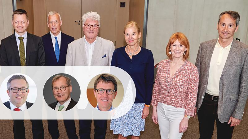 Der neue Vorstand (v.l.n.r.): Prof. Stephan Achenbach, Prof. Thomas Voigtländer, RA Gunter Anders, Prof. Christiane Tiefenbacher, Vera Cordes, Prof. Bernhard Schwaab. Portraits (v.l.n.r.): Prof. Stefan Hofer, Prof. Jan Gummert, Prof. Heribert Schunkert. 