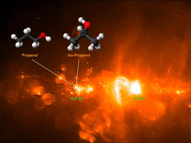 The position of star-forming molecular cloud Sgr B2 close to the central source of the Milky Way, Sgr A* (Background Image: GLOSTAR). The isomers propanol and iso-propanol were both detected in Sgr B2 using the ALMA telescope.