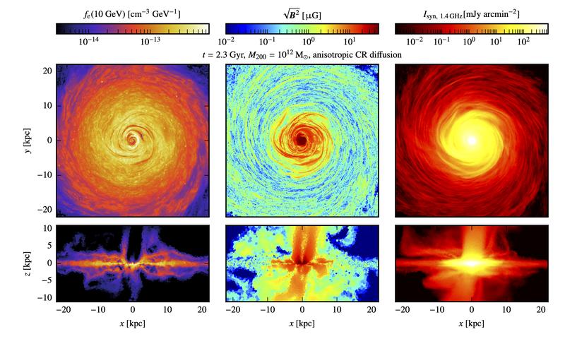 Simulation einer sich bildenden Scheibengalaxie, in welcher kosmische Strahlung von Supernova-Überresten beschleunigt wird, um danach ins interstellare Medium zu entweichen. 