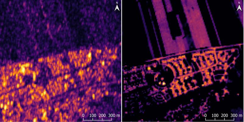 Satellitenfotos von Sentinel-1 (links) und Sentinel-2 (rechts) des erforschten Testgebiets – bereits nach der neuartigen Methode aufbereitet: Gebäude stechen hell heraus 