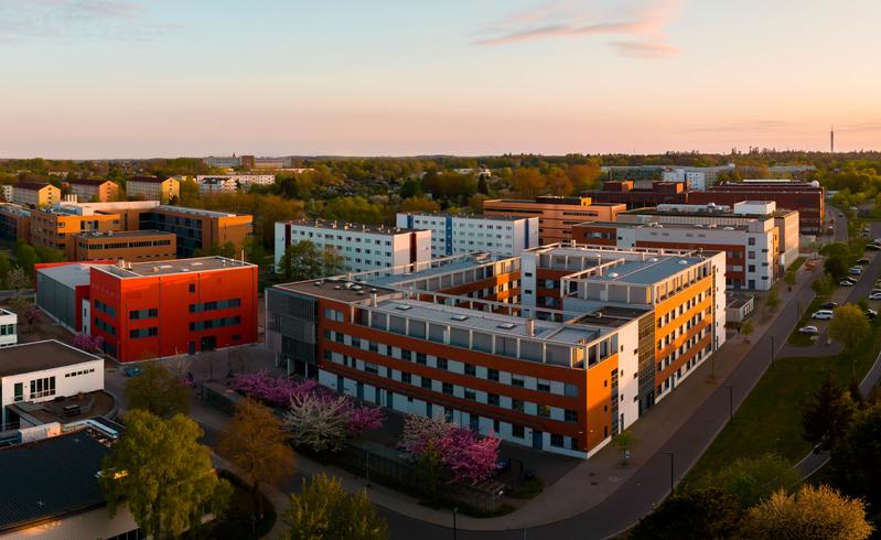 Das neue Technikum (links, rote Fassade) am Leibniz-Institut für Katalyse (Gebäudekomplex rechts daneben) fügt sich in den Wissenschaftscampus Südstadt ein.