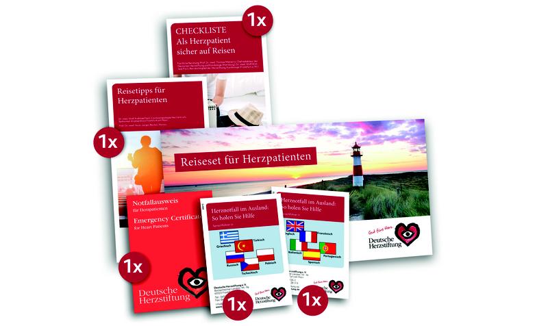 Für sicheres Reisen bietet die Herzstiftung ein kostenfreies Reise-Set mit Checkliste zur Reise-Vorbereitung, medizinischem Sprachführer für den Herznotfall im Ausland, Notfallausweis und weiteren hilfreichen Materialien an.