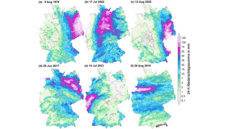 Die sechs schwersten Niederschlagsereignisse in Deutschland von 1951 bis 2021.Die Rangordnung erfolgt nach der Größe der betroffenen Fläche in Abhängigkeit einer bestimmten Niederschlagsintensität (≥ 50-jährliche Ereignisse). 