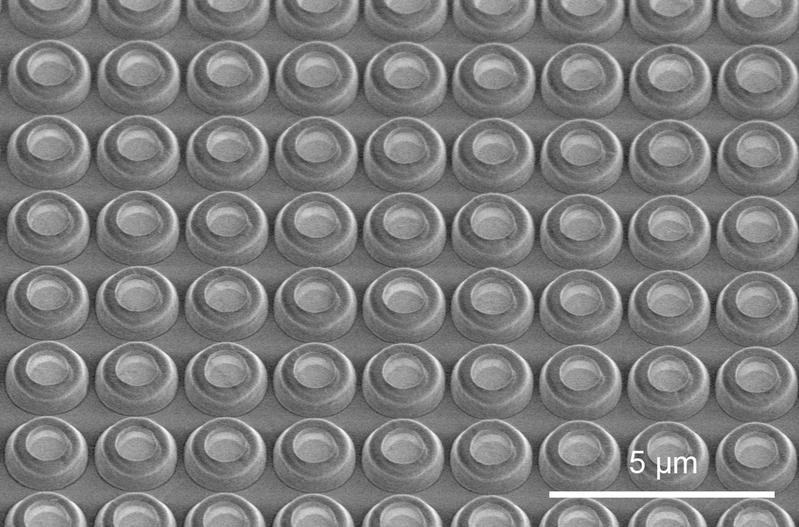Elektronenmikroskopische Aufnahme eines Arrays von UV-Mikro-LEDs mit 2 µm Abstand (Pitch).