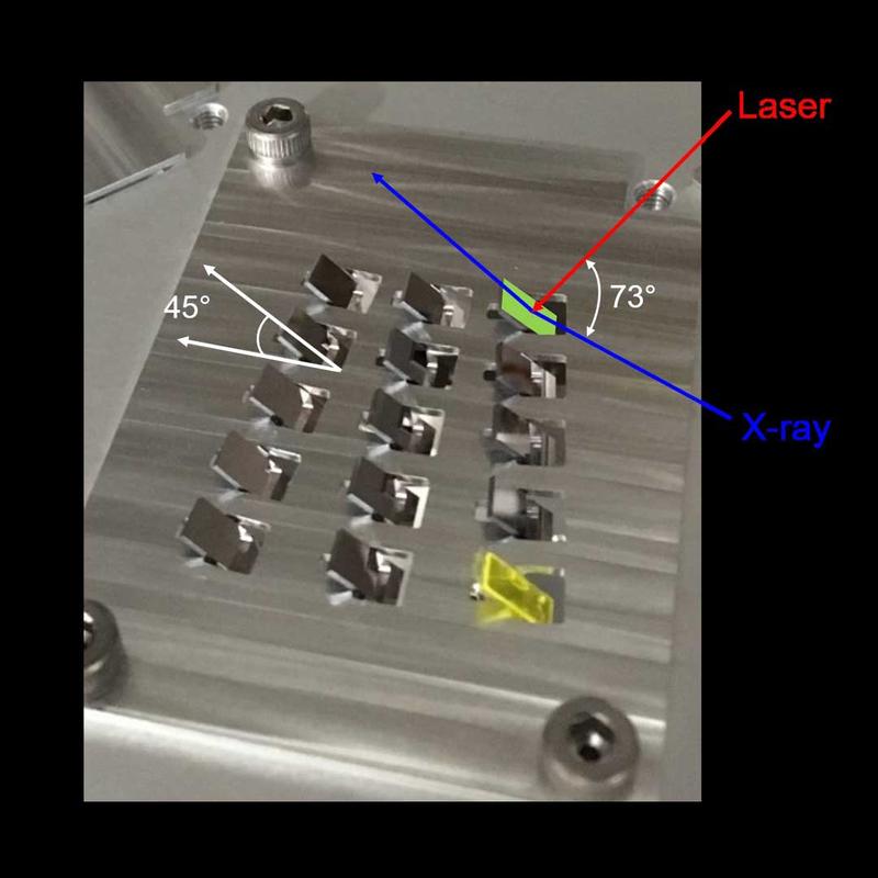 Im Experiment verwendete mehrschichtige Proben. Jede Probe hat eine Größe von 4 x 7 mm. Nach jeder Laserbestrahlung wird eine neue Probe verwendet.