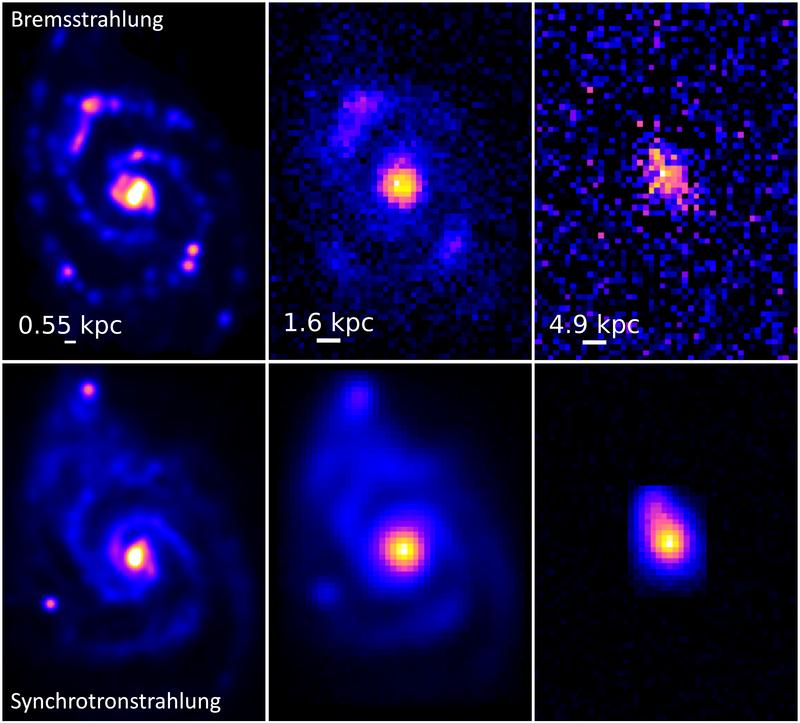 Karten der Vorlagen-Galaxie M 51, gesehen im Radiolicht bei einer beobachteten Frequenz von 1,4 GHz (Wellenlänge von 21 cm).