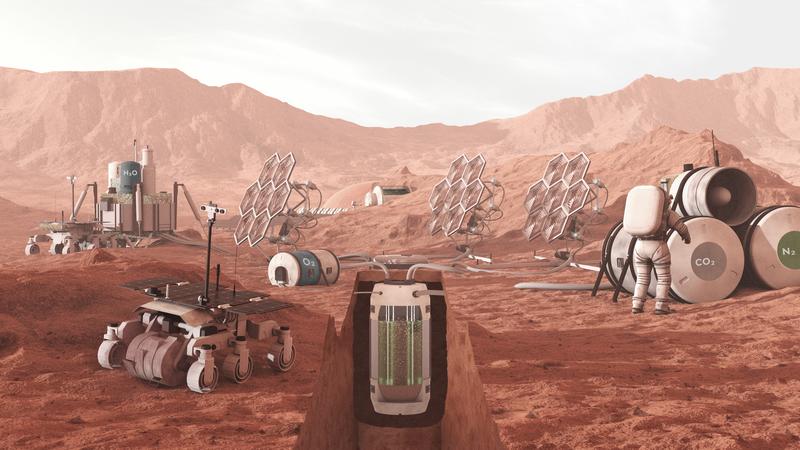 Illustration eines Photobioreaktors auf Basis von Cyanobakterien als Teil eines biologischen Lebenserhaltungssystems einer Mars-Station. 