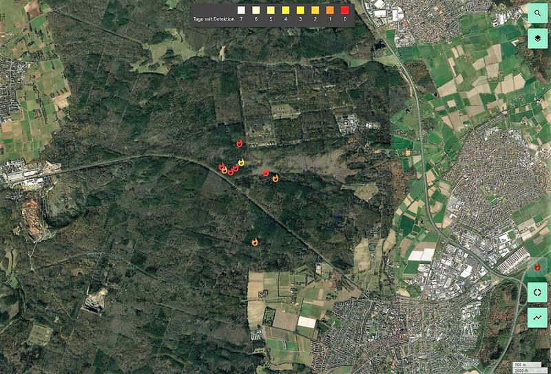 Der Waldmonitor zeigt z.B. Waldbrände bei Dieburg. Je intensiver der Rot-Ton ist, desto zeitlich näher ist der Waldbrand erkannt worden