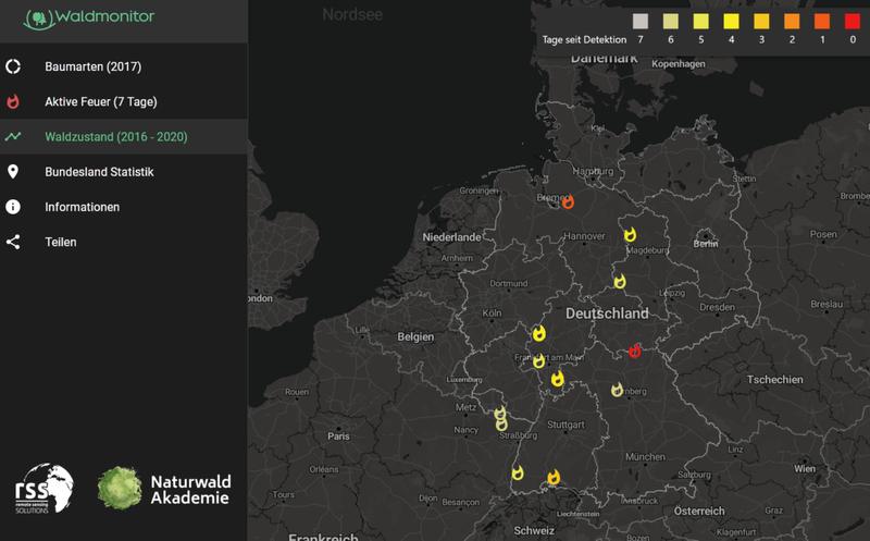Erkannte Waldbrände in Deutschland über Satelliten-Fernerkundung am Morgen des 18.8 2022