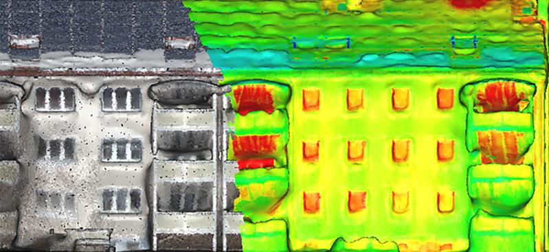 Ansicht auf die Fassade des Beispielgebäudes im 3D-Modell: Die bunten Einfärbungen zeigen die Oberflächentemperatur des Objekts an.