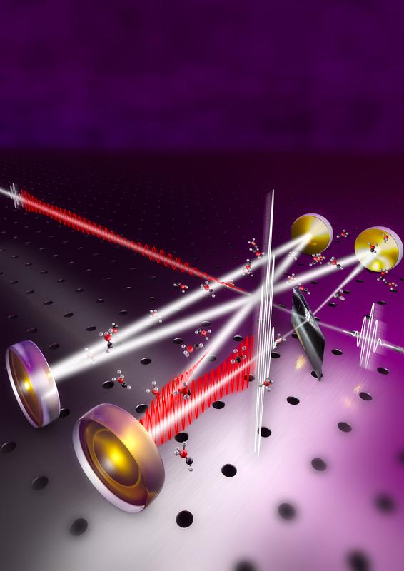 Verstärkung von Laserpulsen (weiß) und molekularen Antworten (rot) in einem passiven optischen Resonator. 